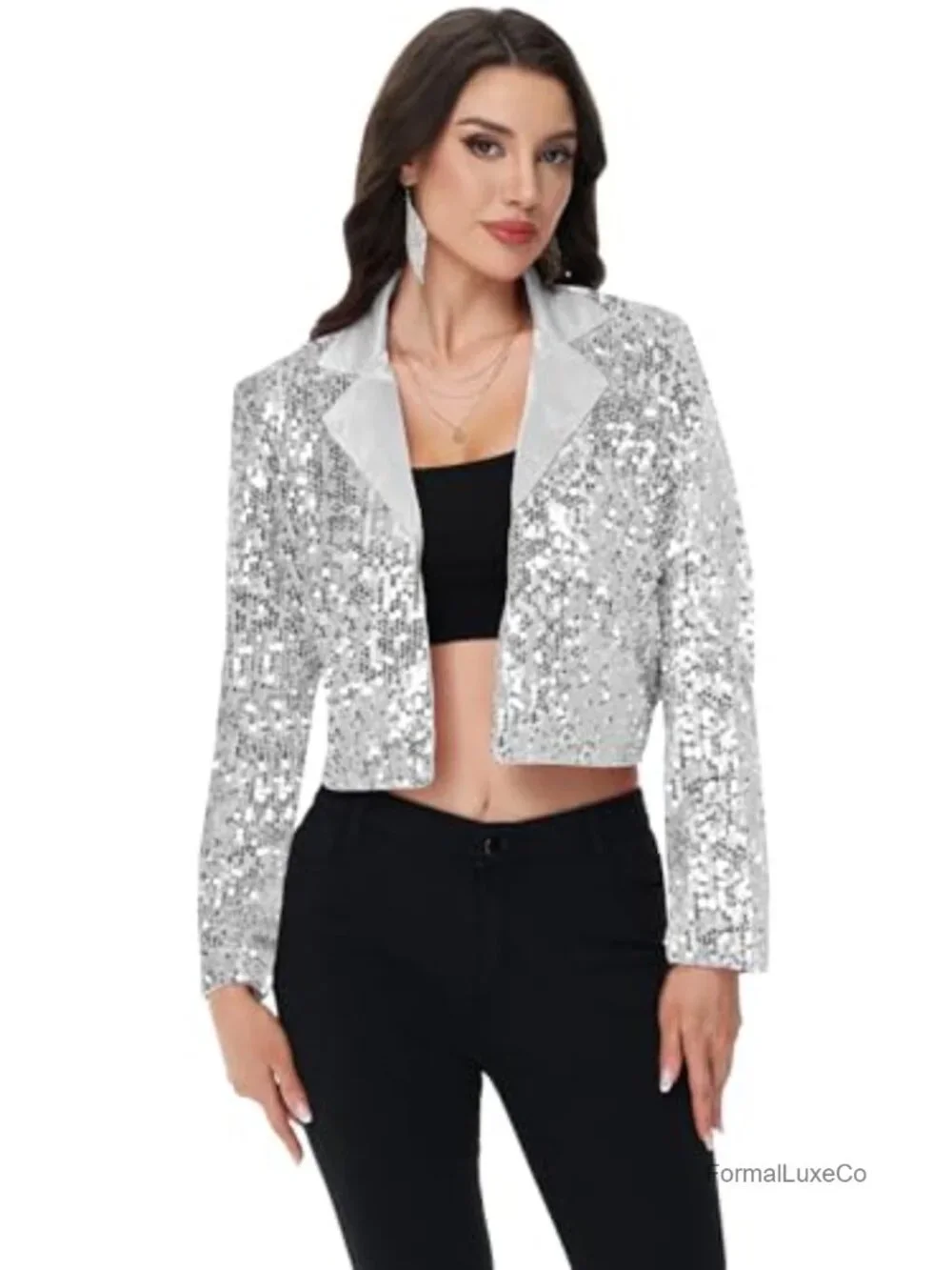 Sparkly Sequin Blazer Jacket Long Sleeve Open Front Cropped Party Club Cardigan